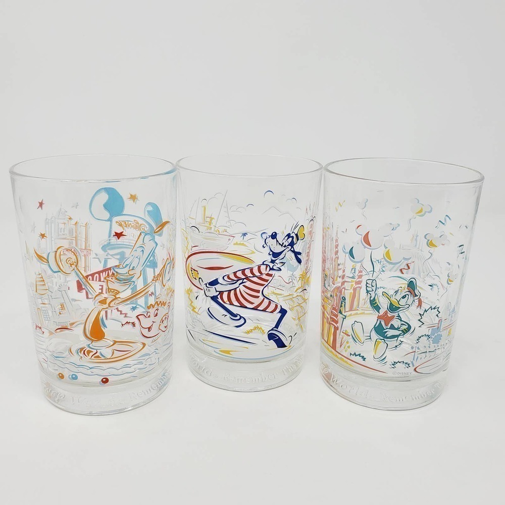Walt Disney World Remember the Magic Glass Set of 3 Goofy Donald Duck & Lumière